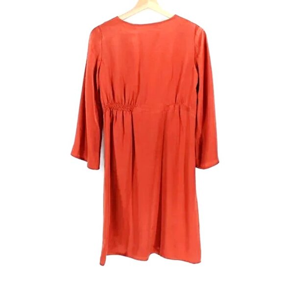 Cynthia Vincent Rust Silk Mini Dress Embroidered V-Neck Bell Sleeve NWT XS $297 - Picture 5 of 6